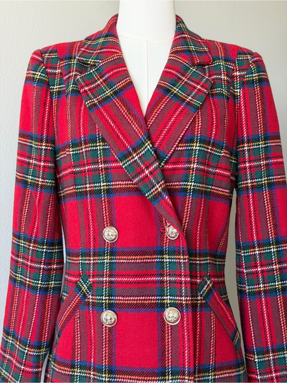 Venus Red Tartan Plaid Fitted Double-Breasted Longline Blazer Jacket - 8 - Picture 3 of 15